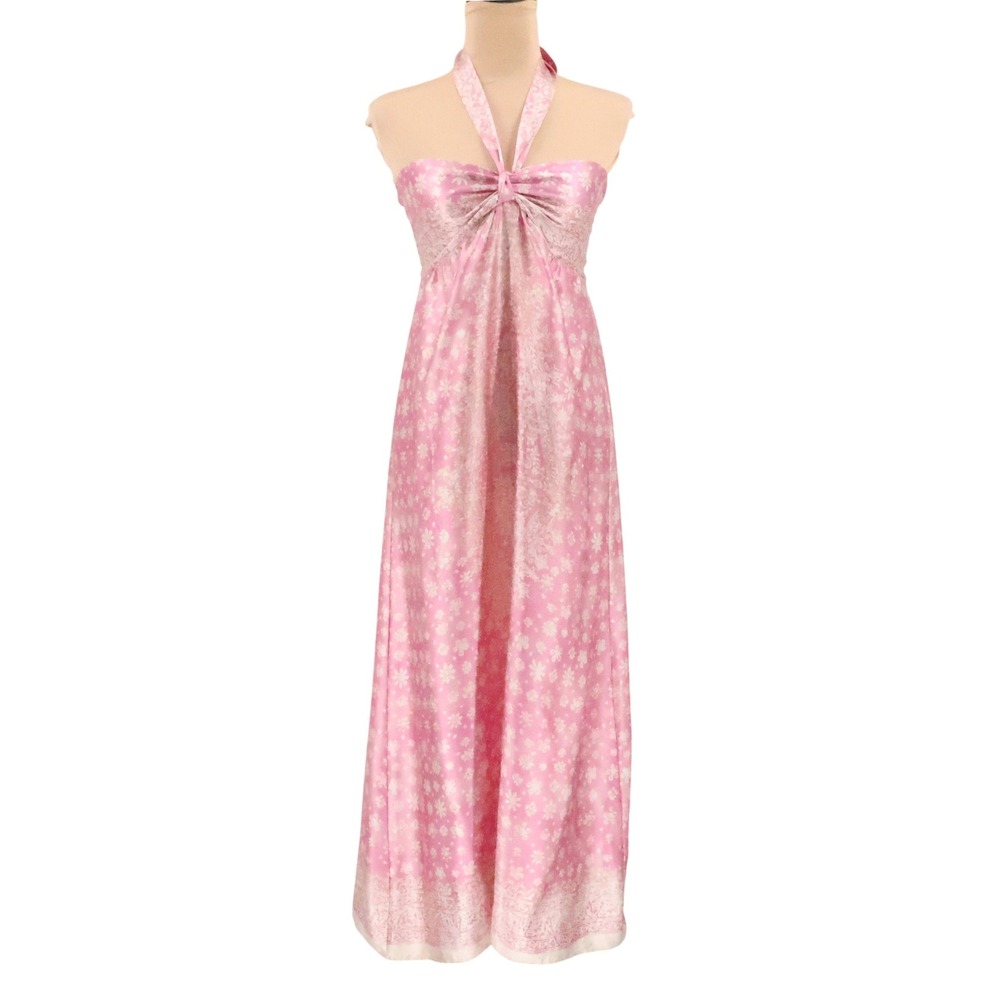 Vintage Y2K Pink Floral Silk Halter Maxi Dress Womens Size M Boho Babydoll Fairy